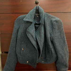 Forever 21 wool-blend moto jacket in a teal blue/grey tweed material.